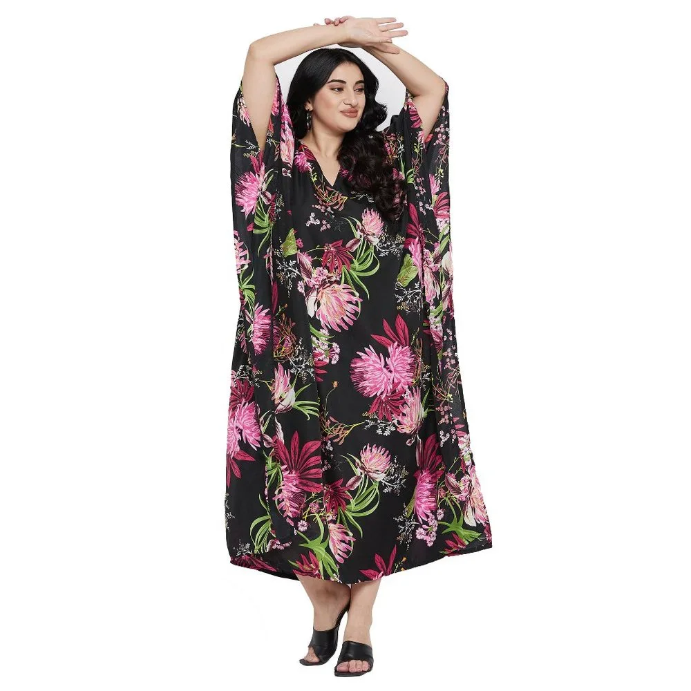 Plus Floral V-Neck Swim Coverup Kaftan in Black and Pink - Picture 3 of 9